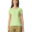 A woman wearing a light green shirt and brown pants.